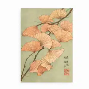 Plakat med japanske ginkgo blade og japansk tekst i botanisk kunststil