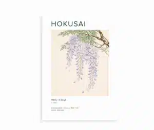 Plakat med Hokusai Wisteria japansk kunstmotiv og lilla blåregn blomster