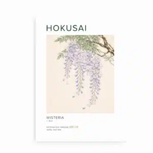 Plakat med Hokusai Wisteria japansk kunstmotiv og lilla blåregn blomster