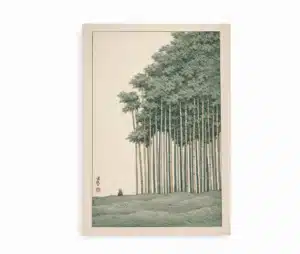 plakat med illustration af japansk bambuslund i rolige grønne nuancer