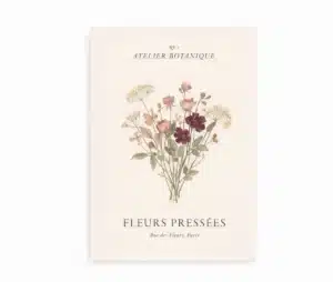 Plakat med botaniske blomster og fransk tekst Atelier Botanique Fleurs Pressées