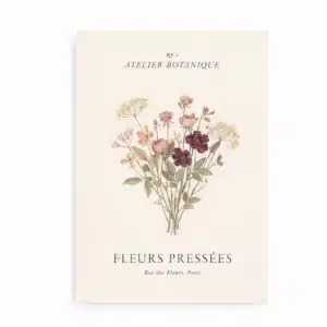 Plakat med botaniske blomster og fransk tekst Atelier Botanique Fleurs Pressées