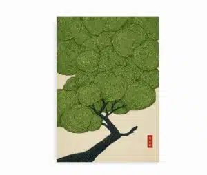 Plakat med japansk inspireret træ og grønne spiralformede blade