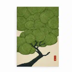 Plakat med japansk inspireret træ og grønne spiralformede blade