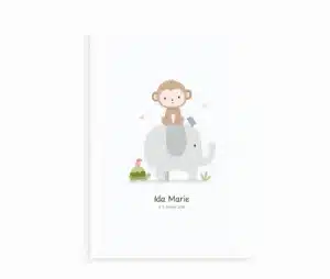Navneplakat til børn med abe på elefant og små dyr