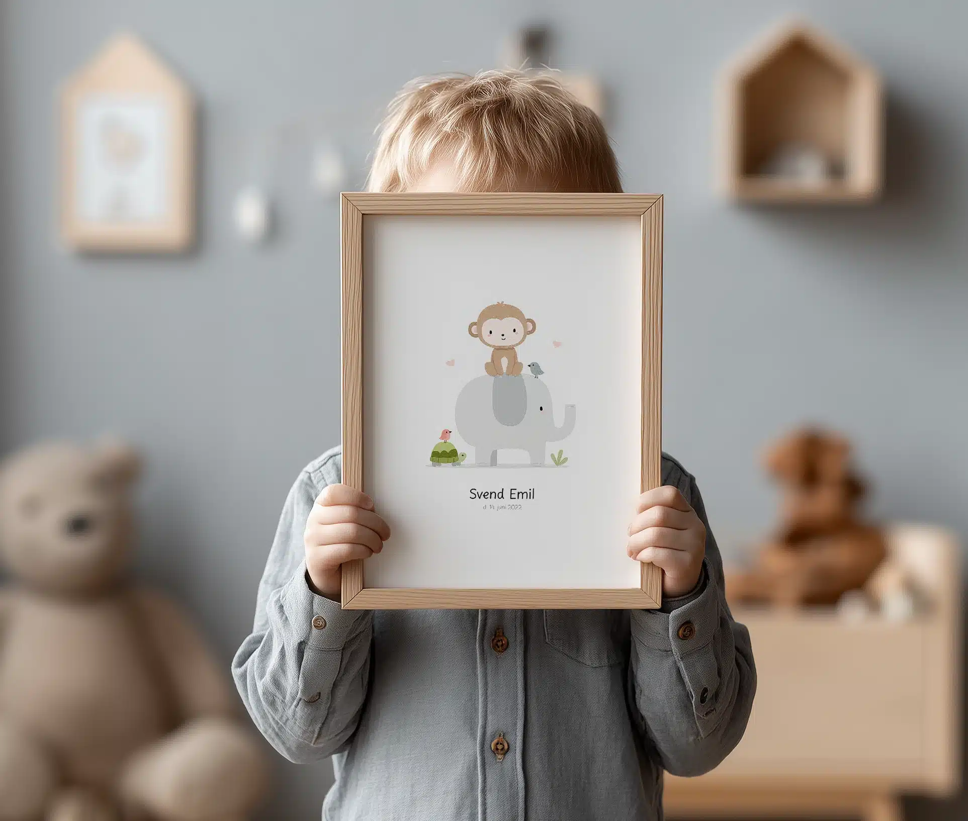 Navneplakat til børn med abe og elefant motiv
