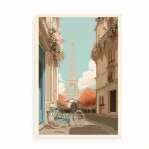 Paris plakat med cykel og Eiffeltårnet i romantisk gademotiv