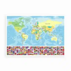 plakat med verdenskort og alle landes flag samt danske landenavne