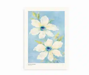 Drifting Flowers akvarelplakat med to hvide blomster på lyseblå baggrund