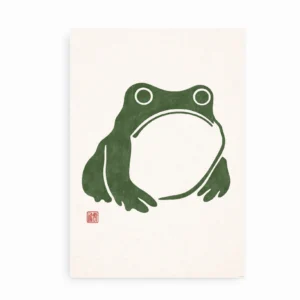 Minimalistisk japansk plakat med grøn frø i træsnitstil og rødt segl