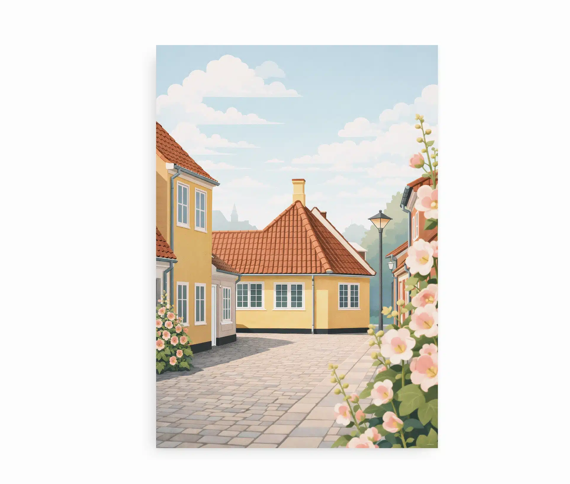 Odense bymotiv uden tekst med gule huse og stokroser