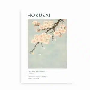 Hokusai Cherry Blossoms kunstplakat med japanske kirsebærblomster på blågrøn baggrund