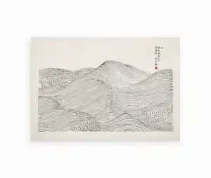 Japansk inspireret kunstplakat med bølgende linjer i sort på cremehvid baggrund med japanske skrifttegn