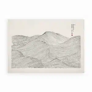 Japansk inspireret kunstplakat med bølgende linjer i sort på cremehvid baggrund med japanske skrifttegn