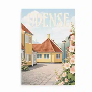 Odense plakat med gule danske huse, røde tegltage og lyserøde stokroser i vintage-stil