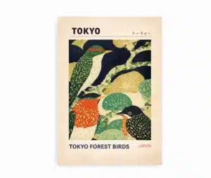 Tokyo Forest Birds japansk kunstplakat med tre farverige skovfugle i grøn og orange
