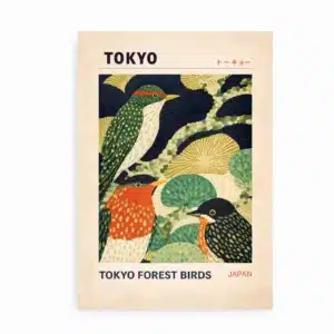Tokyo Forest Birds japansk kunstplakat med tre farverige skovfugle i grøn og orange
