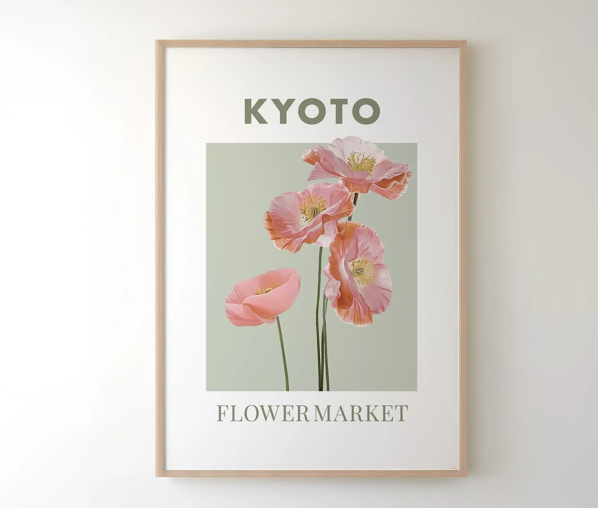 Kyoto Flower Market plakat i lys træramme på hvid væg