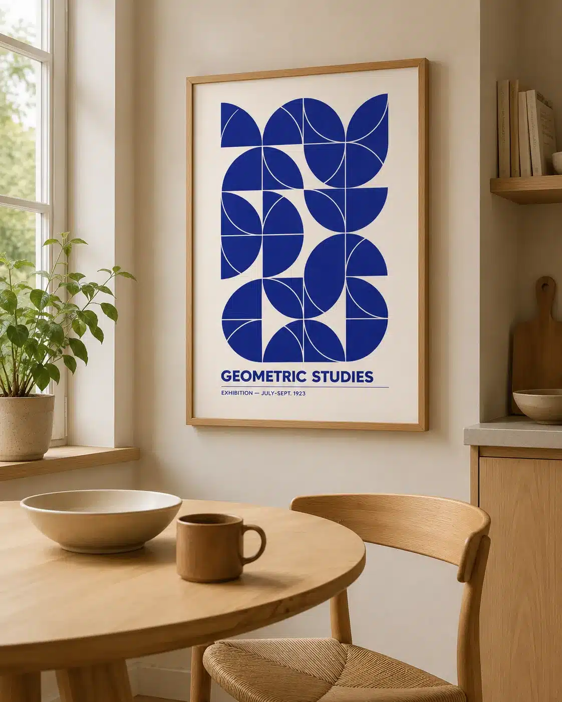 Geometric Studies plakat i træramme ophængt i lyst køkken med spisebord
