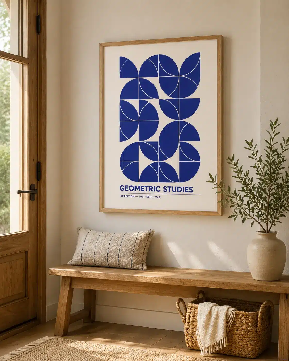 Geometric Studies plakat i entré med træbænk og oliventræ
