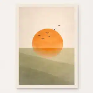 Minimalistisk kunstplakat med orange sol og fugle over grønne bakker ved solnedgang