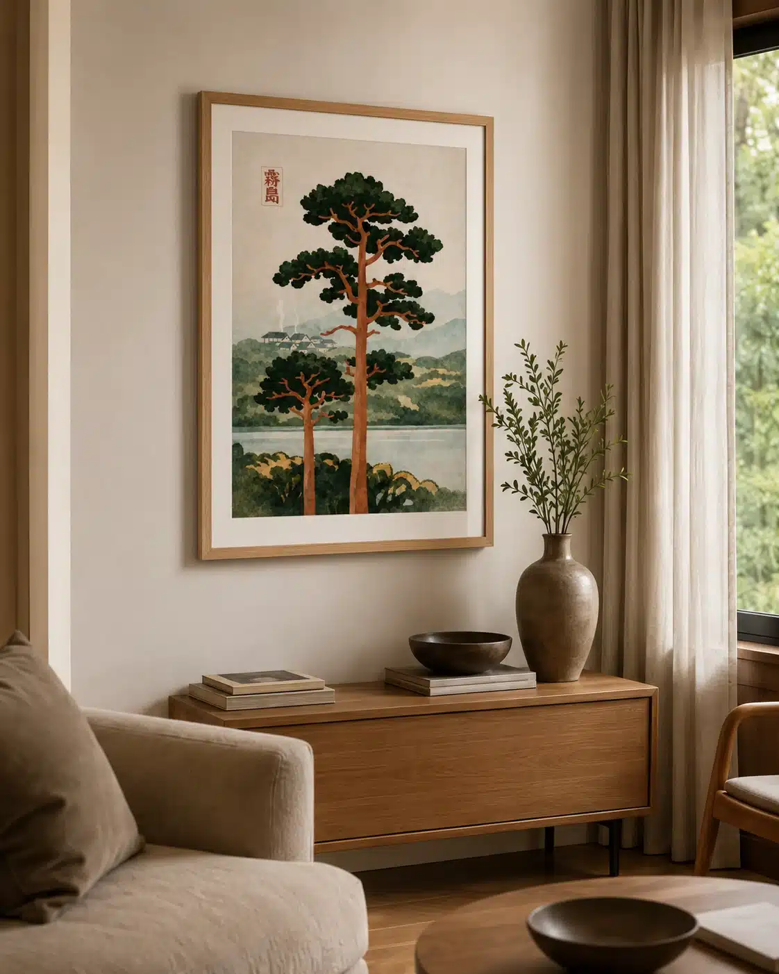 Kirishima landskabsplakat ophængt i moderne stue med sofa og sidebord