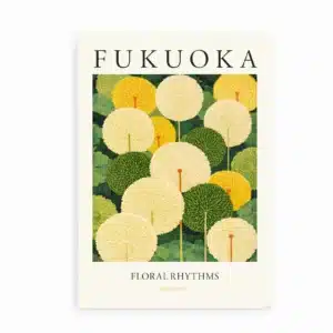 Fukuoka Floral Rhythms plakat med runde chrysanthemum-blomster i gul, hvid og grøn