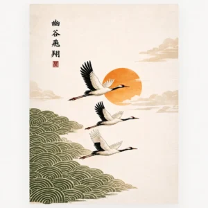 Tre hvide traner flyver mod orange sol over grønne bølger i japansk stil