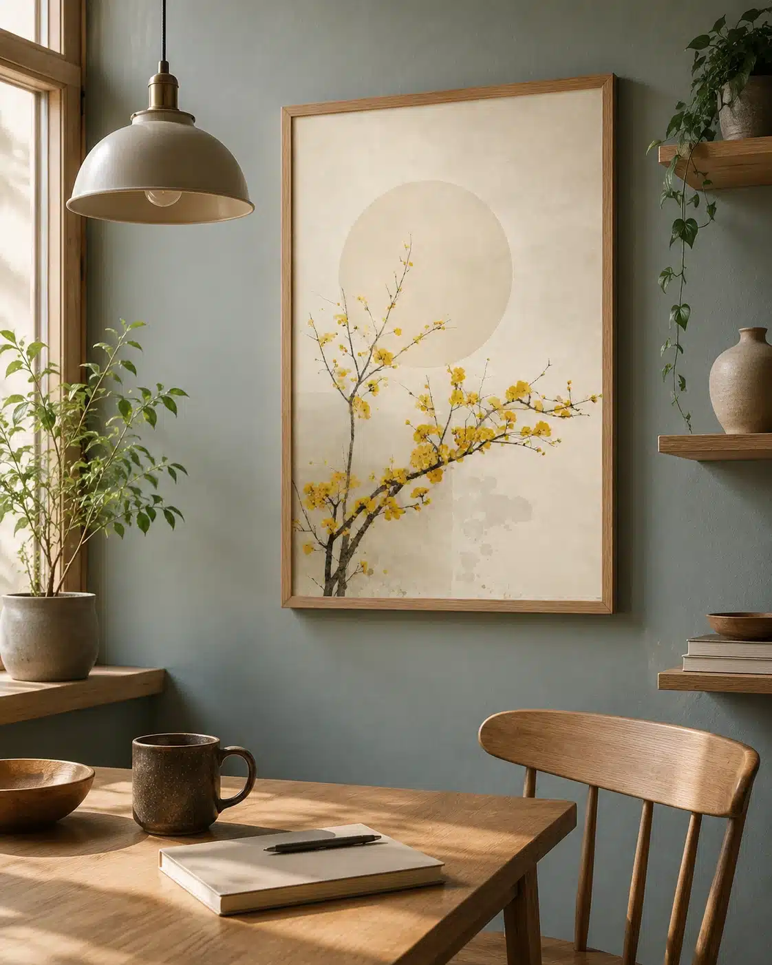 Japansk blomsterplakat i træramme på grøn væg i hyggeligt spisekøkken