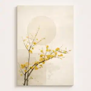Japansk kunstplakat med gule kirsebærblomster og beige geometrisk sol på cremefarvet baggrund