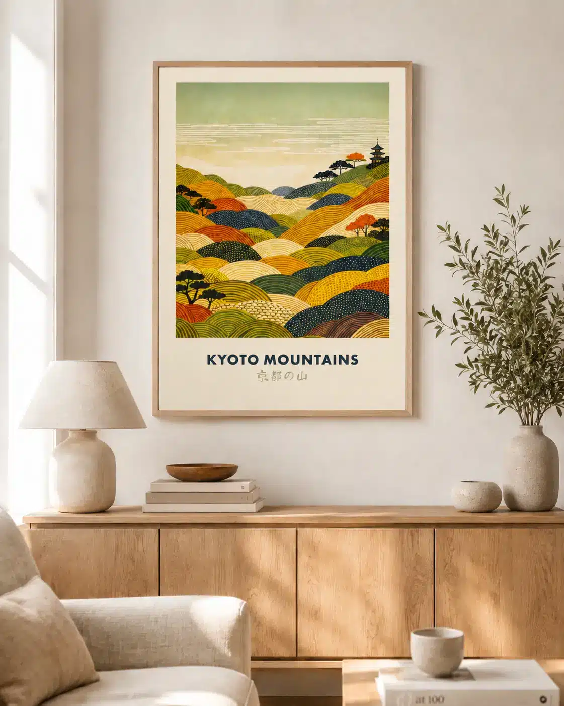 Kyoto Mountains plakat i lys stue med træmøbler og oliventræ