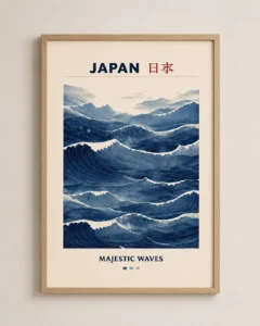 Japansk bølgeplakat med blå havbølger og teksten Japan Majestic Waves