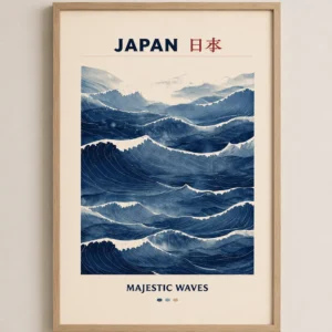 Japansk bølgeplakat med blå havbølger og teksten Japan Majestic Waves