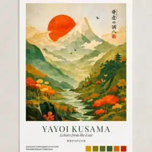 Japansk kunstplakat med Mount Fuji, rød sol og grønt bjerglandskab med pagode og flod