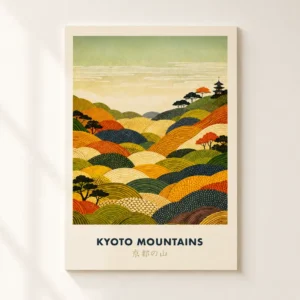 Kyoto Mountains japansk kunstplakat med farverige stiliserede bakker og pagode