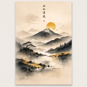 Japansk landskabsplakat med Mount Fuji, gylden sol og stille sø i traditionel sumi-e stil