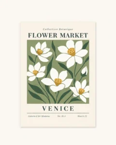 Flower Market Venice botanisk kunstplakat med hvide blomster og gyldne centre på salvie-grøn baggrund