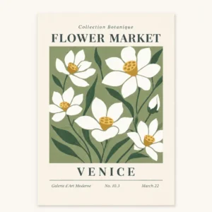 Flower Market Venice botanisk kunstplakat med hvide blomster og gyldne centre på salvie-grøn baggrund