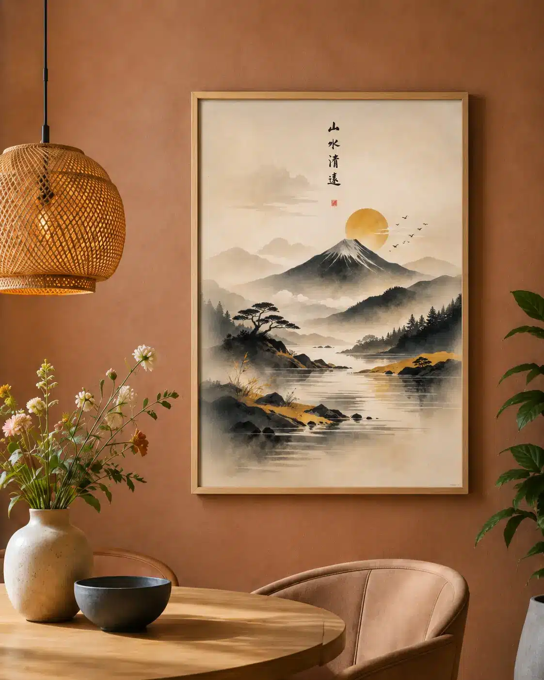 Japansk Mount Fuji plakat indrammet på terracotta væg i moderne spisestue