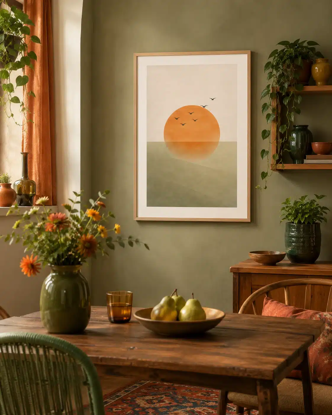 Kunstplakat med sol og fugle på olivengrøn væg i boheme spisestue