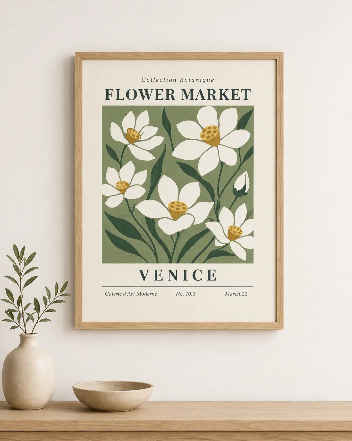 Flower Market Venice kunstplakat på væg over reol med vase og skål