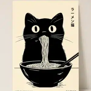 Sort kat spiser ramen-nudler fra skål - japansk minimalistisk kunstplakat