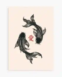 Japansk kunstplakat med to sorte koi karper i yin yang formation og rødt kærligheds-skrifttegn