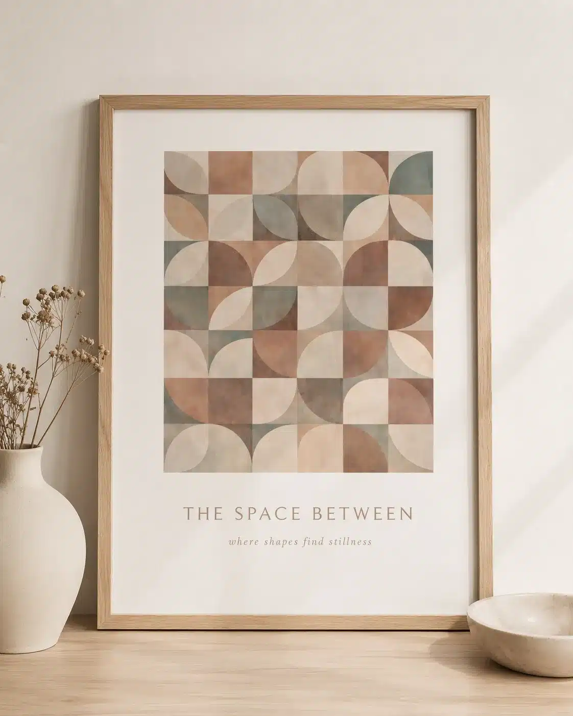The Space Between plakat i egetræsramme med vase og tørrede blomster