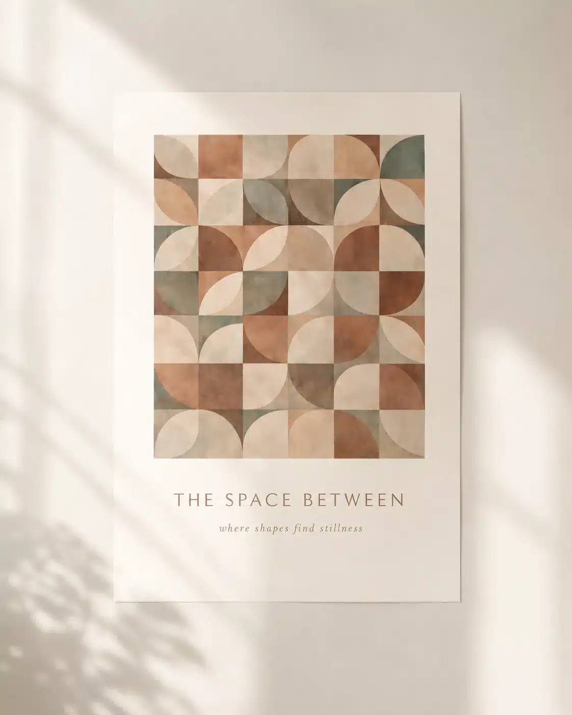 The Space Between geometrisk kunstplakat med halvmåneformer i terracotta, grøn og beige farver