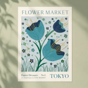 Flower Market Tokyo plakat med blå tulipaner og små blomster i papiers découpés stil