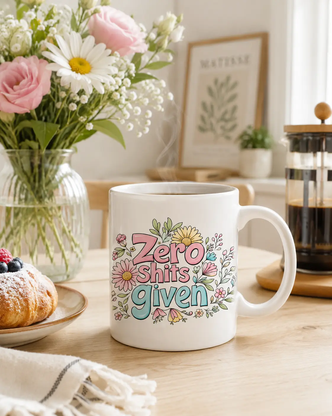Zero Shits Given krus på morgenbord med croissant og blomstervase