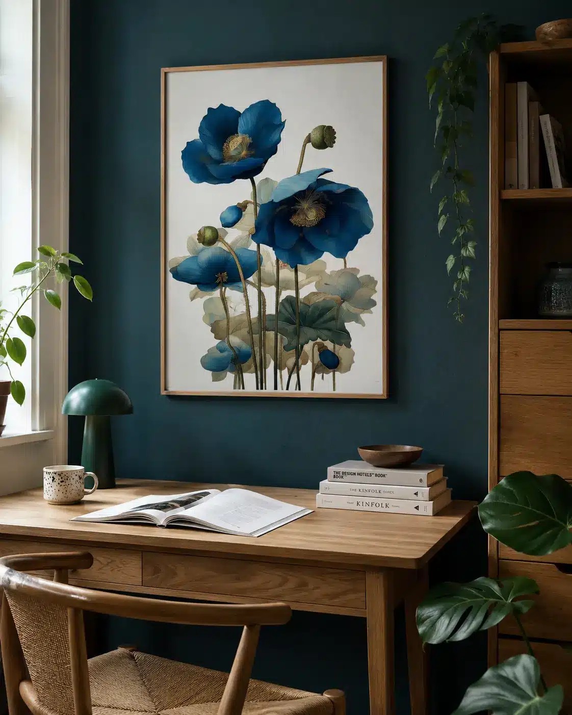 Blå valmue plakat ophængt i moderne kontor med petroleumsblå væg