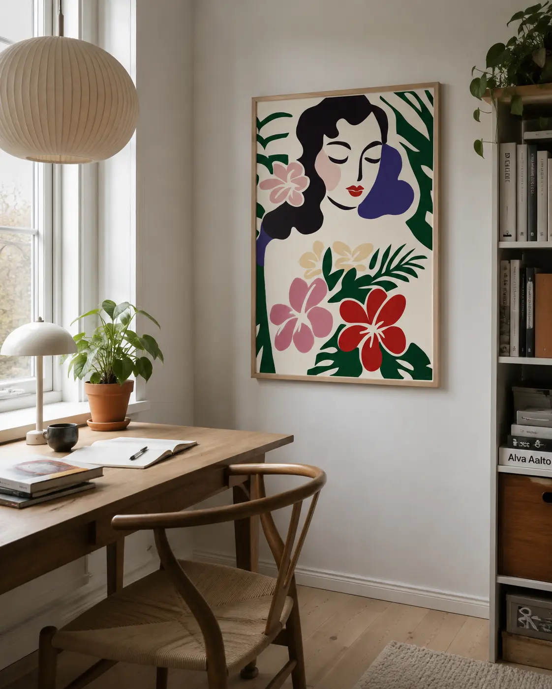 Matisse kunstplakat i træramme over skrivebord i hyggeligt hjemmekontor