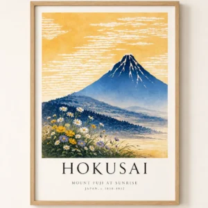 Hokusai kunstplakat med Mount Fuji ved solopgang og vilde blomster i forgrunden